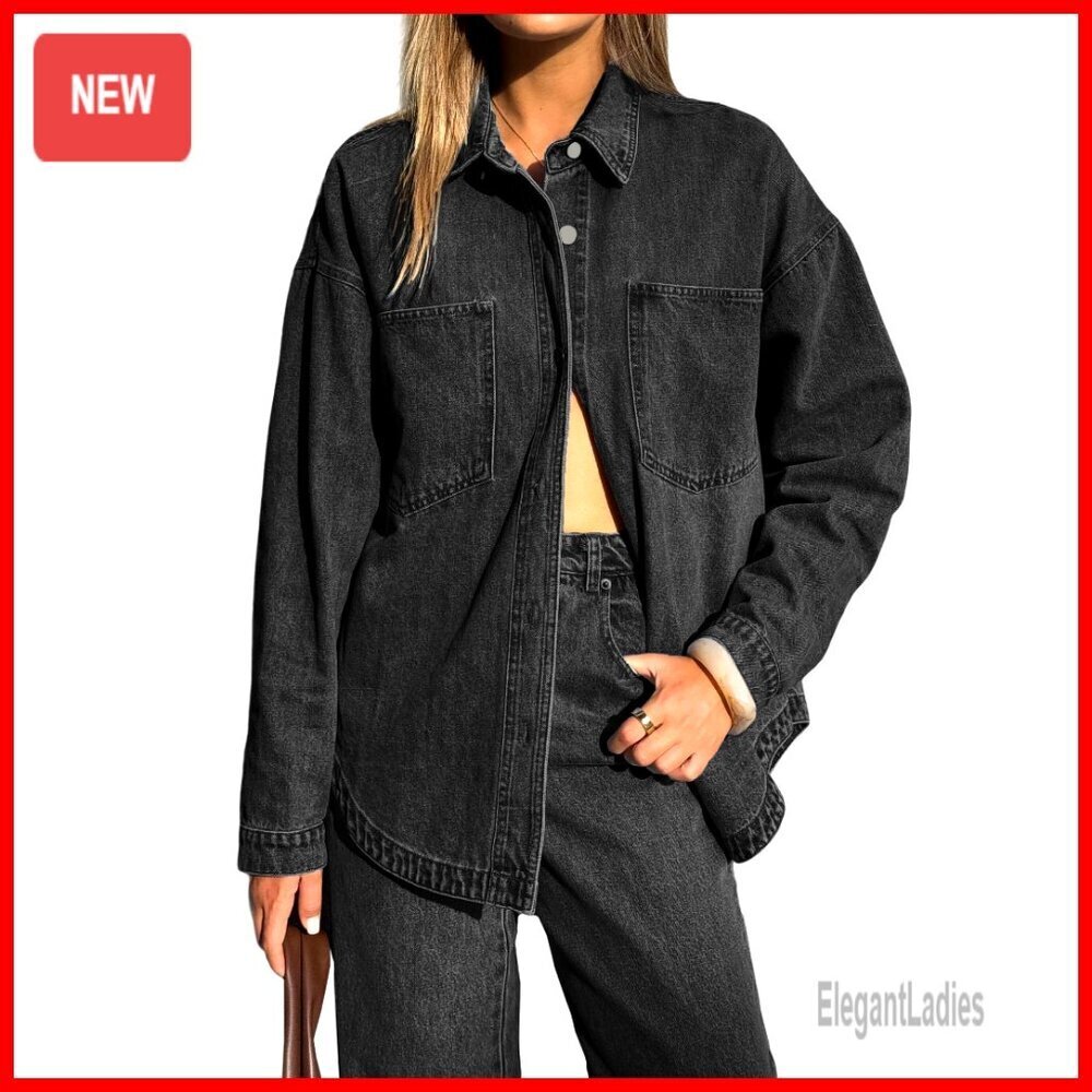 Oversized Denim Shirt Long Sleeve Button Down Blouse Distressed Jacket